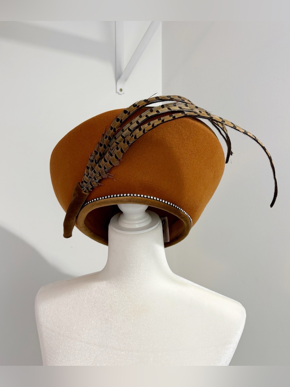 Rare Jack McConnell Boutique Feather Trim Rhinestone Trim Church Hat Tilt Beret
